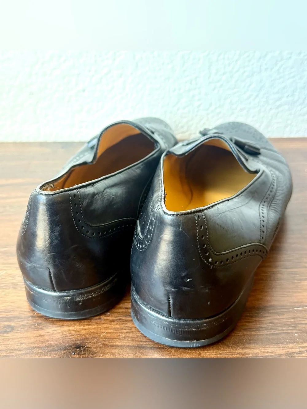Mezlan Black Leather Tassel Loafers with Brogue Detailing 12 W